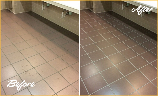 Before and After Picture of a Golden Gate Restrooms Tile and Grout Cleaned to Remove Embedded Dirt