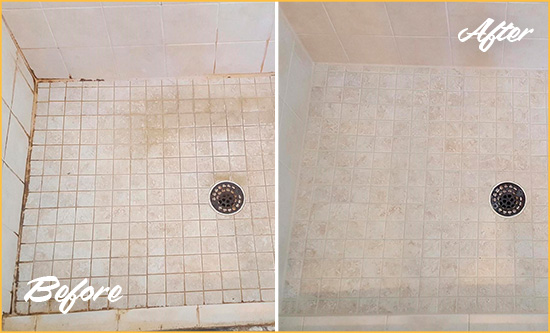 Before and After Picture of a Three Oaks Shower Caulked to Fix Cracks