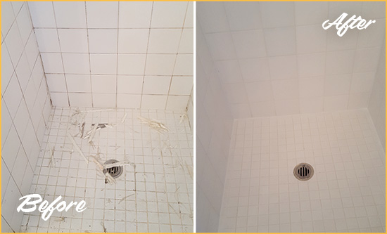 Before and After Picture of a Burnt Store Marina Bathroom Re-Caulked To Repair Damaged Caulking