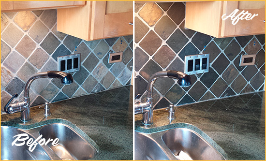 Before and After Picture of a Fort Myers Backsplash Caulked to Fix and Prevent Water Leaks