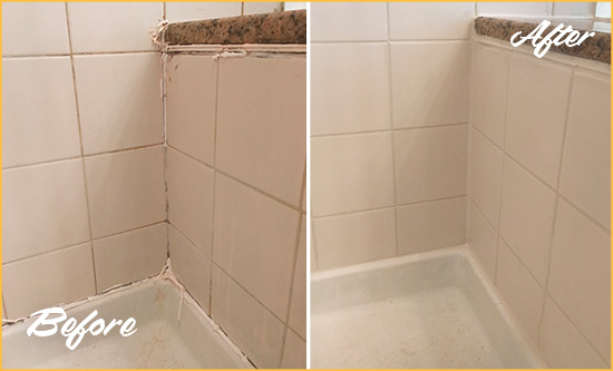 Before and After Picture of a Harlem Heights Shower Caulked to Repair Damaged Caulking