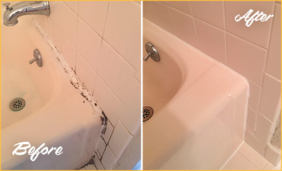 Before and After Picture of a Cypress Lake Bathroom Sink Caulked to Fix a DIY Proyect Gone Wrong