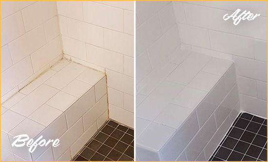 Before and After Picture of a Tice Shower Seat Caulked to Protect Against Mold and Mildew Growth