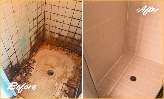 Before and After Picture of a Whiskey Creek Shower Caulked to Fix and Prevent Water Damage