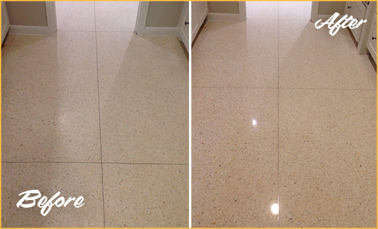 Before and After Picture of a Pelican Bay Granite Stone Floor Polished to Repair Dullness