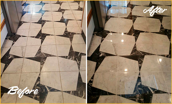 Before and After Picture of a Dull Punta Rassa Marble Stone Floor Polished To Recover Its Luster
