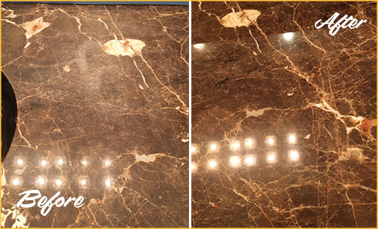 Before and After Picture of a Naples Manor Marble Stone Countertop Polished to Eliminate Stains