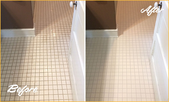 Before and After Picture of a Pine Island Center Bathroom Floor Sealed to Protect Against Liquids and Foot Traffic