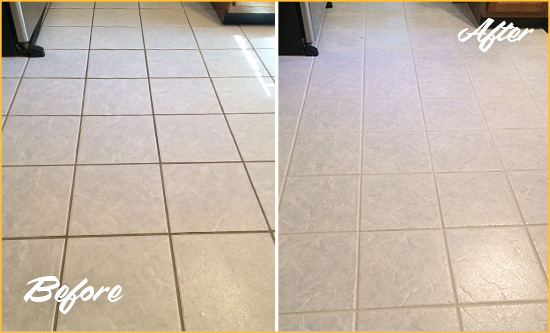 Before and After Picture of a Pelican Bay Kitchen Ceramic Floor Sealed to Protect From Dirt and Spills