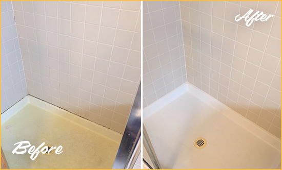 Before and After Picture of a Pineland Shower Sealed to Remove and Protect Against Mold
