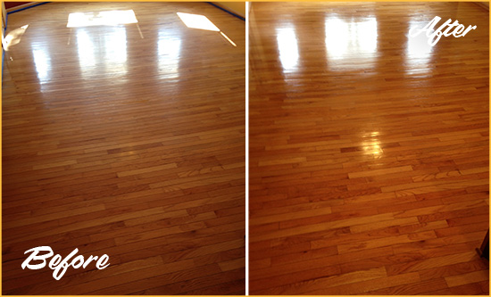 Before and After Picture of a Olga Wood Sand Free Refinishing Service on a Room Floor to Remove Scratches