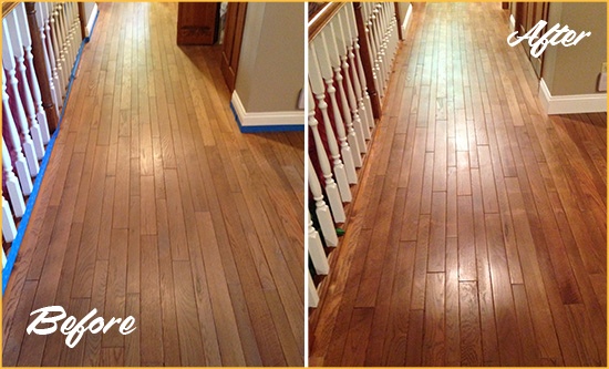 Before and After Picture of a Pine Manor Wood Sand Free Refinishing Service on a Worn Out Floor