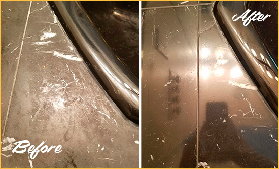 Before and After Picture of a Lely Marble Countertop Cleaned to Remove Deep Dirt