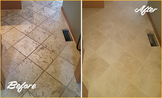 Before and After Picture of a Three Oaks Kitchen Marble Floor Cleaned to Remove Embedded Dirt
