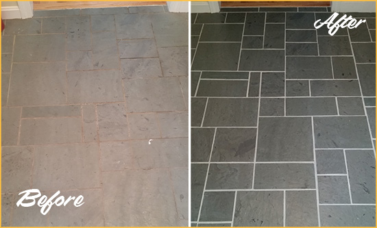 Before and After Picture of a San Carlos Park Slate Floor Cleaned to Remove Deep-Seated Dirt