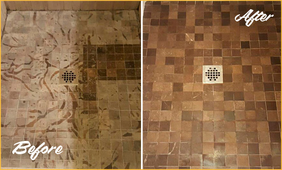 Before and After Picture of a Stained Cape Coral Marble Shower Floor Cleaned to Remove Etching