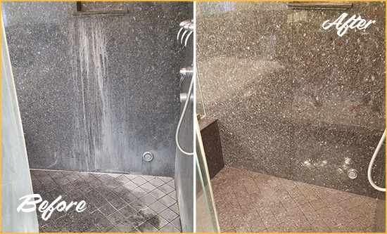Before and After Picture of a Saint James City Granite Shower Cleaned to Remove Mineral Deposits