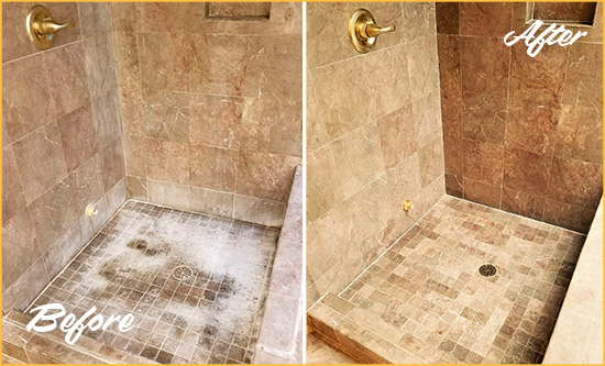 Before and After Picture of a Bokeelia Travertine Shower Cleaned to Eliminate Water Spots