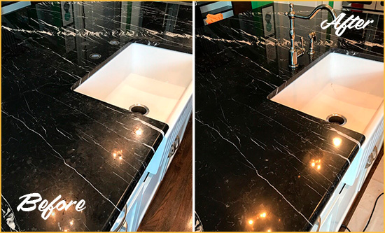 Before and After Picture of a Buckingham Marble Kitchen Countertop Stone Sealed to Avoid Water Damage