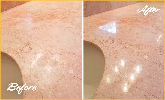 Before and After Picture of a Golden Gate Marble Stone Vanity Top Sealed to Avoid Water Marks