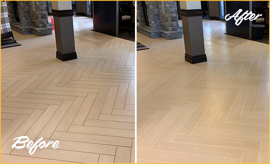 Before and After Picture of a Lely Resort Hard Surface Restoration Service on an Office Lobby Tile Floor to Remove Embedded Dirt