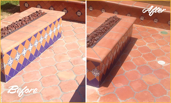 Before and After Picture of a Plantation Island Hard Surface Restoration Service on a Dull Terracotta Patio Floor to Recover Its Color