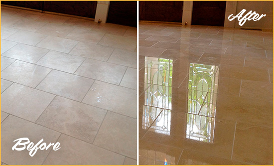 Before and After Picture of a Plantation Island Hard Surface Restoration Service on a Dull Travertine Floor Polished to Recover Its Splendor