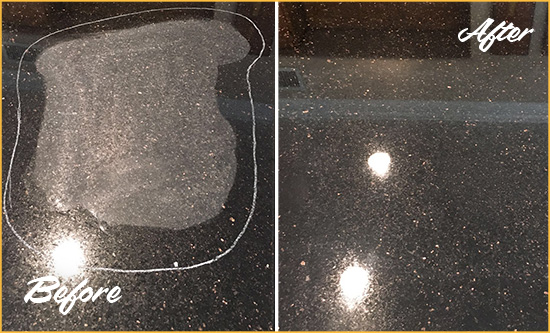 Before and After Picture of a Whiskey Creek Hard Surface Restoration Service on a Granite Countertop to Remove Scratches