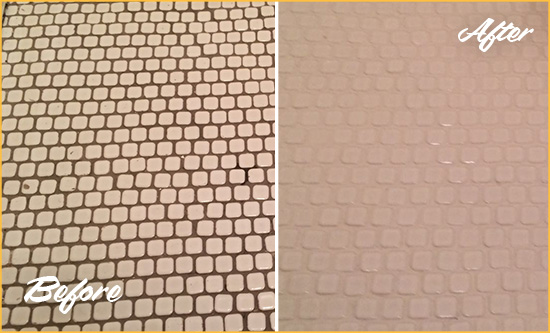 Before and After Picture of a Goodland Hard Surface Restoration Service on a Bathroom Tile Floor Recolored to Fix Grout Color