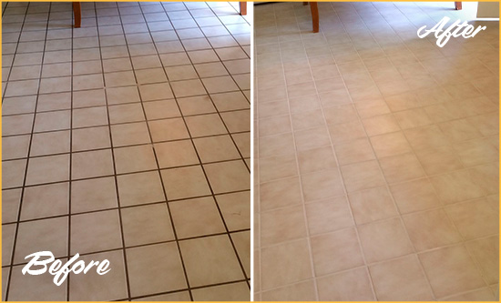 Before and After Picture of Matlacha Ceramic Tile Grout Cleaned to Remove Dirt