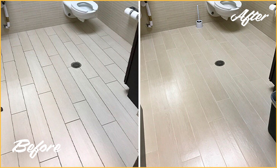 Before and After Picture of a Plantation Island Office Restroom's Grout Cleaned to Remove Dirt