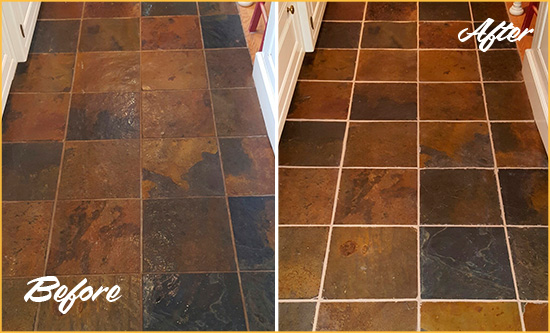 Before and After Picture of Pelican Bay Slate Floor Grout Cleaned to Remove Dirt