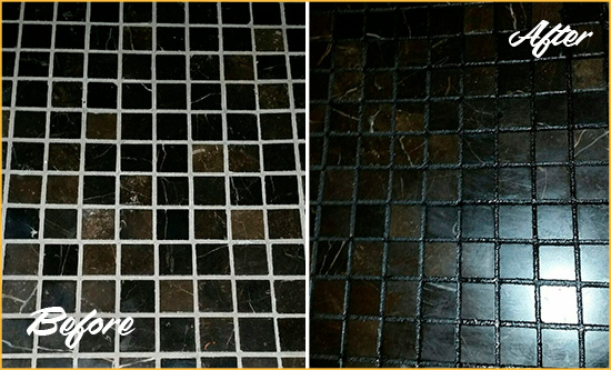Before and After Picture of a Saint James City Black Floor with Recolored Grout