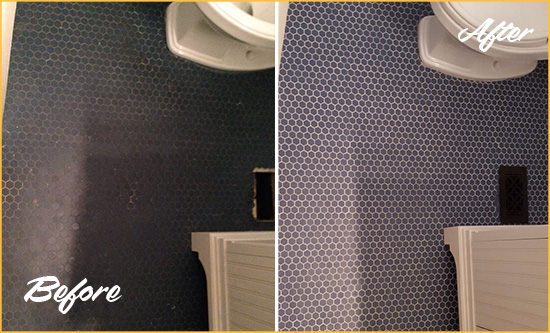 Before and After Picture of a Bokeelia Blue Tile Floor Recolored Grout
