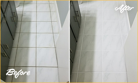 Before and After Picture of a Golden Gate White Ceramic Tile with Recolored Grout