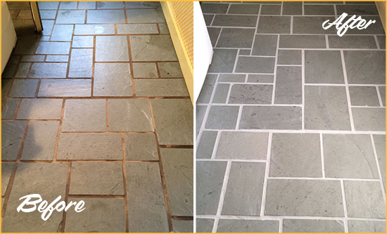 Before and After Picture of Damaged Charlotte Park Slate Floor with Sealed Grout