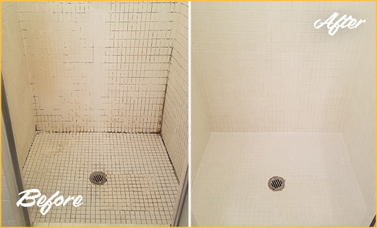 Before and After Picture of a Whiskey Creek Bathroom Grout Sealed to Remove Mold