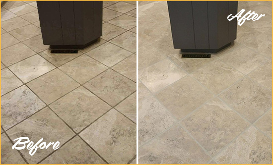 Before and After Picture of a Fort Myers Shores Kitchen Floor Grout Sealed to Remove Stains