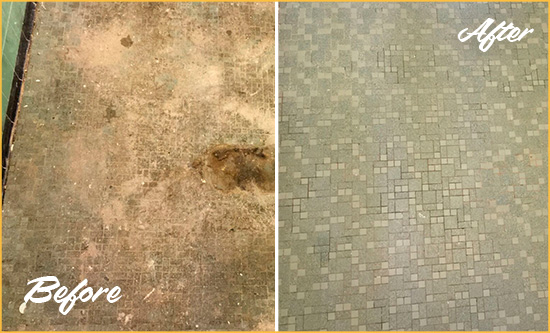 Before and After Picture of a Tice Mosaic Shower Cleaned to Eliminate Embedded Dirt