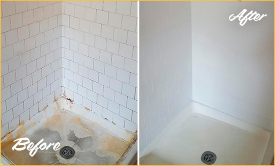 Before and After Picture of a Everglades City Shower Cleaned to Eliminate Mold