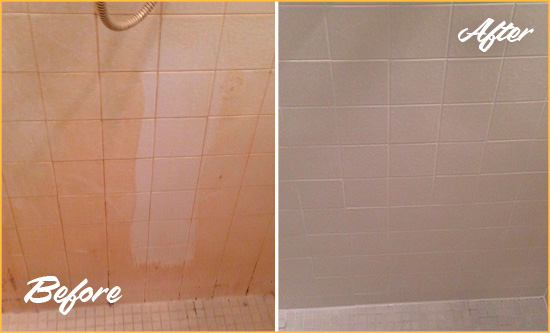 Before and After Picture of a Golden Gate Porcelaine Shower Cleaned to Remove Soap Scum