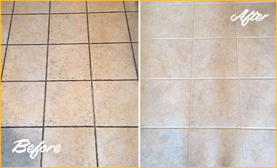 Before and After Picture of a Whiskey Creek Ceramic Floor Cleaned to Remove Soil