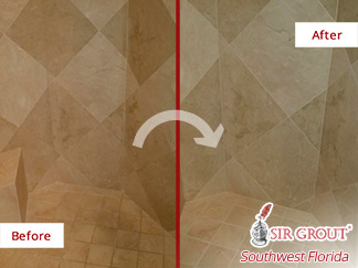 Before and after Picture of This Marble Shower after a Grout Cleaning Job in Fort Myers, FL