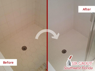 Before and After Picture of a Master Shower Grout Cleaning Service in Fort Myers, FL