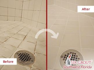 Picture of a Shower Before and After Our Hard Surface Restoration Services in Naples, FL