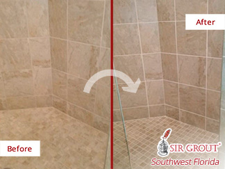 Before and After Picture of Grout Recoloring in Bonita Springs, FL.
