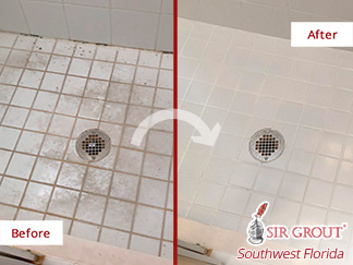 Picture of a Shower Before and After a Grout Sealing Service in Fort Myers, FL