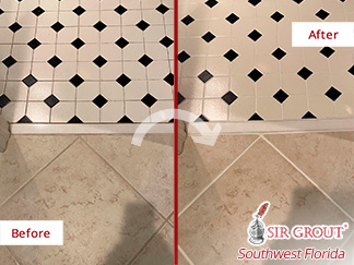 Image of a Bathroom Floor Before and After a Grout Sealing in Bonita Springs, FL