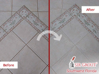 Before and After Image of a Ceramic Foyer Floor After a Grout Cleaning in Naples, FL
