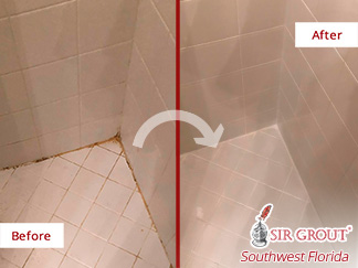 Image of a Shower Floor Before and After Our Caulking Services in Cape Coral, FL